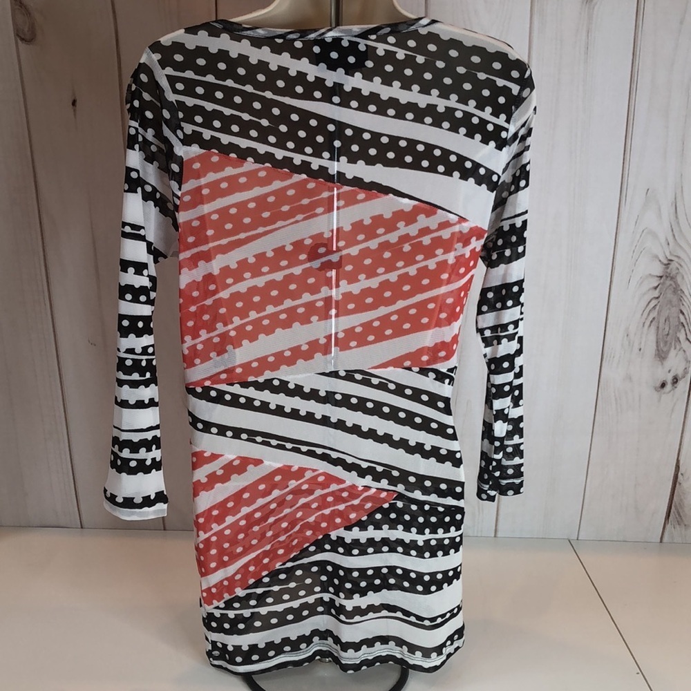 Chic Women's Black and Red Semi Sheer Striped Blouse 3/4 Sleeves Women's Small - Picture 7 of 13